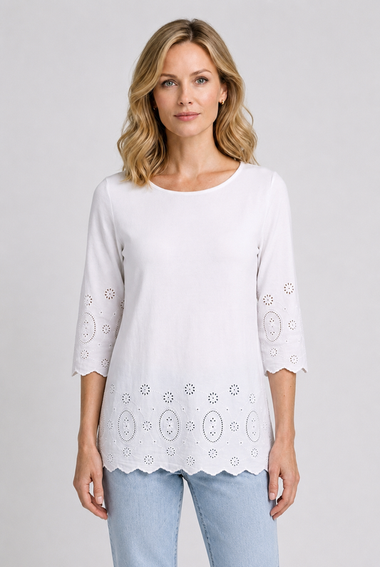 Woman wearing a white detailed top