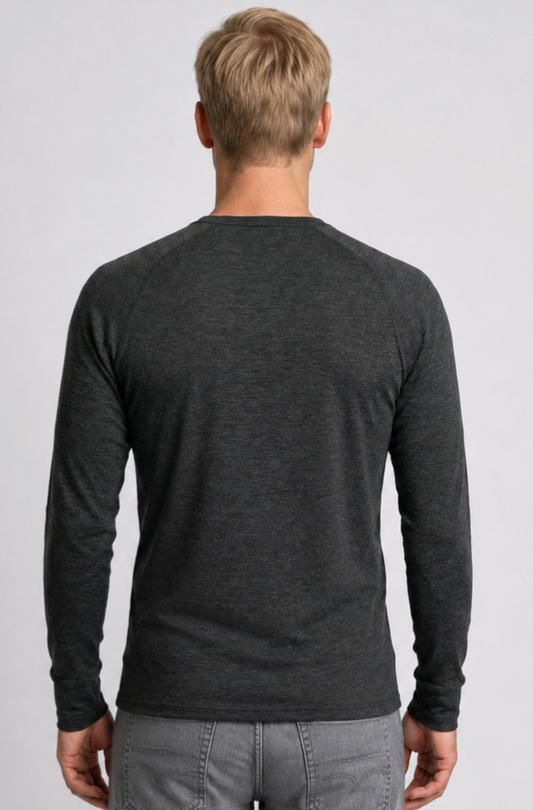 Man wearing a dark grey long-sleeve shirt 