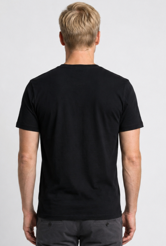 Man wearing a black t-shirt back view