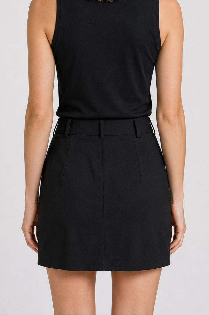 Woman wearing a black sleeveless top and skirt 
