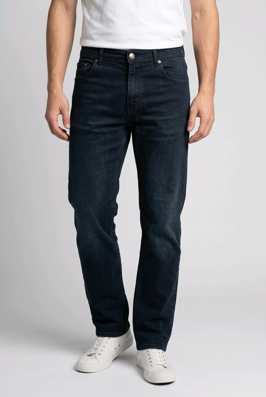 Man wearing a pair of dark navy jeans with a white t shirt