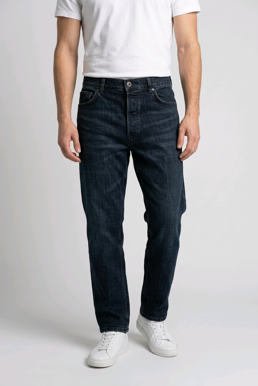 Man wearing a pair of black jeans with a white t-shirt