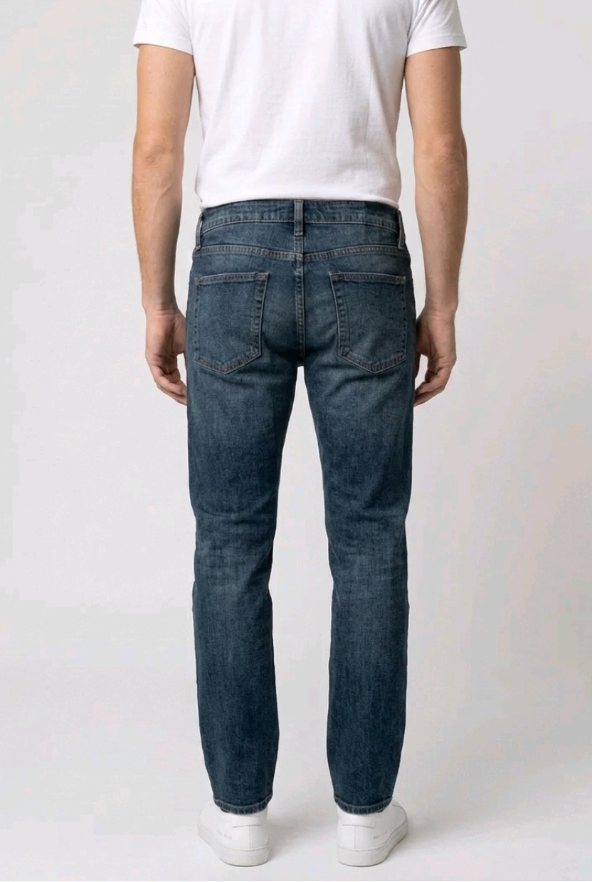 Man wearing blue jeans and a white t-shirt back view, preloved condition