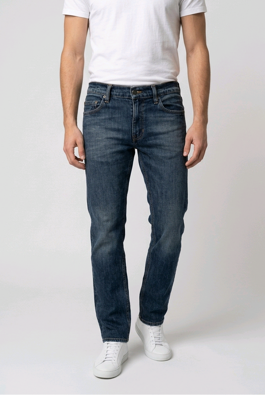 Man wearing a pair of blue jeans with a white t shirt