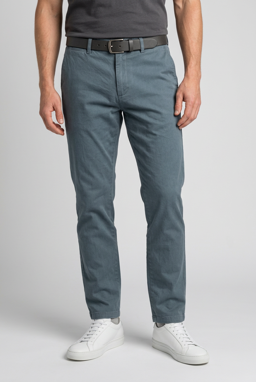 A man wearing slim-fit teal chinos.