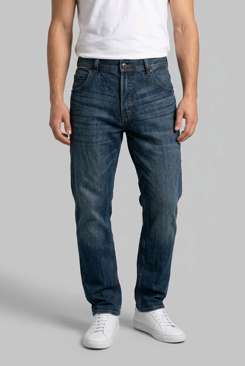 Man wearing a pair of blue jeans ans a white t shirt
