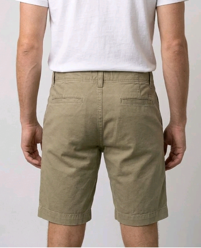 white t-shirt and beige shorts back view