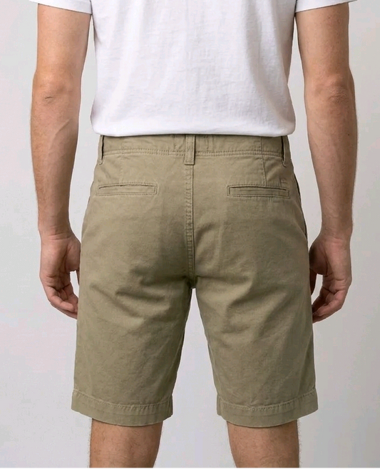 white t-shirt and beige shorts back view