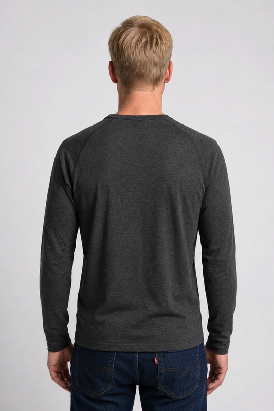 Man wearing a dark gray long-sleeve t-shirt 