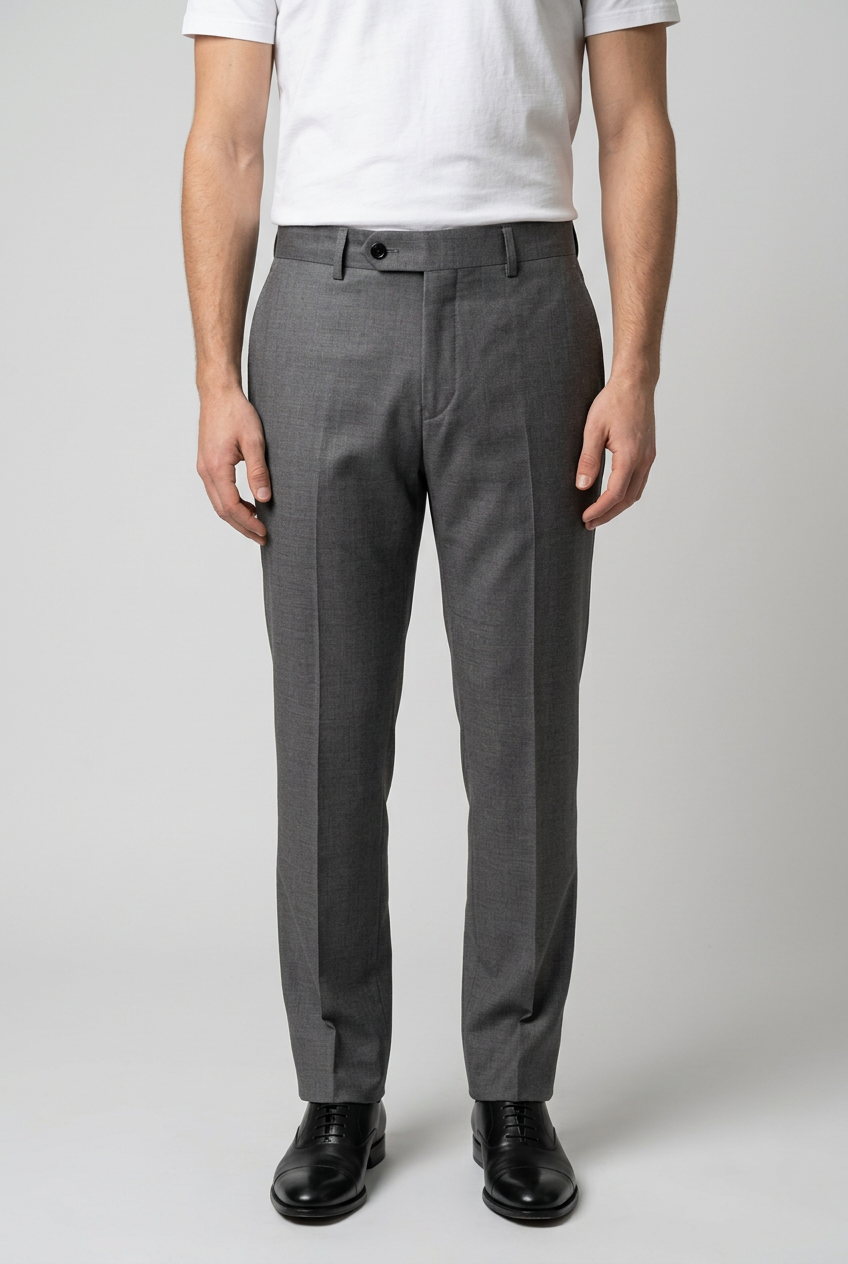 Man wearing grey trousers and a white t shirt