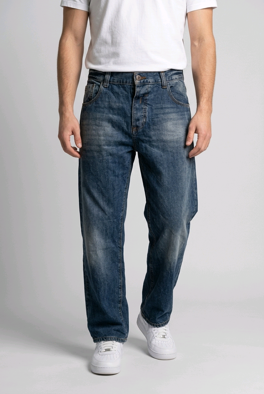 Man wearing a pair of blue jeans with a white t-shirt