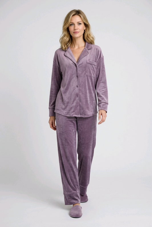 Woman wearing a purple pajama set 