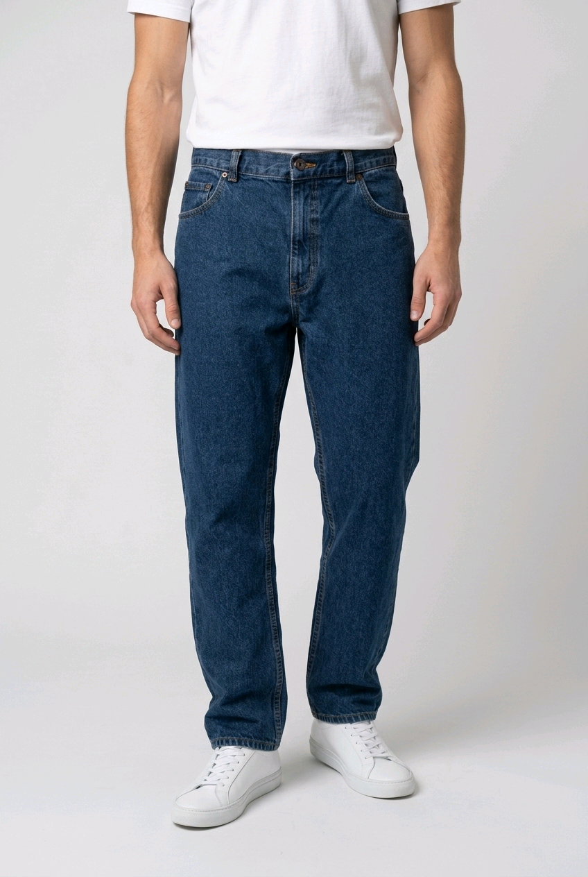 Man wearing dark denim jeans with a white t shirt