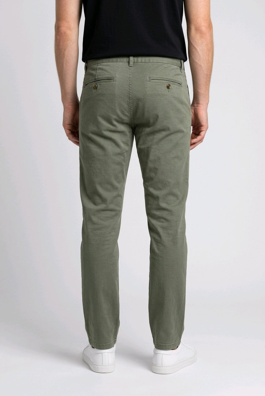 A man viewed from the back wearing olive green slim-fit trousers, a black t-shirt, and white trainers