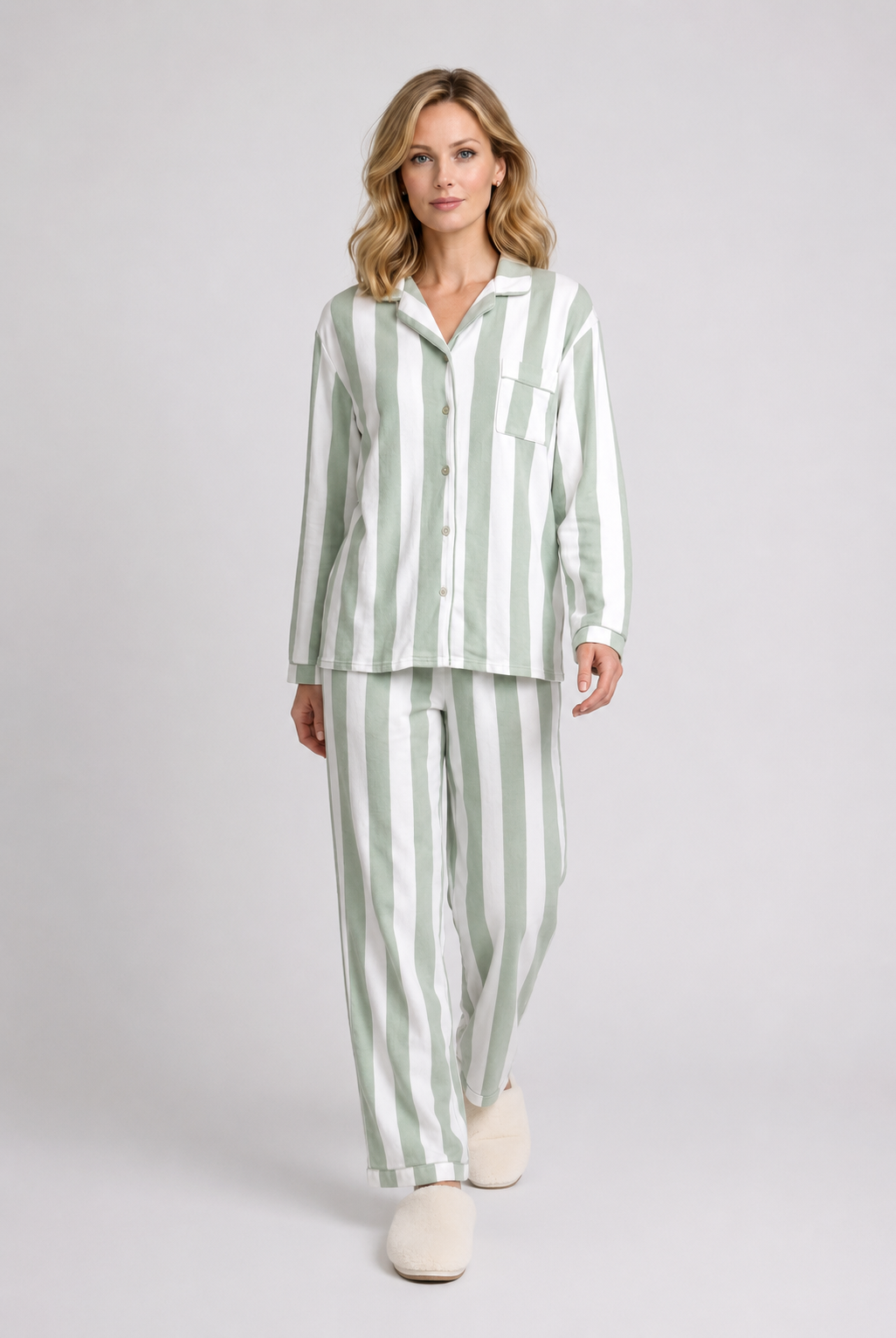 Striped White & Green Velour Style Pyjama Set Size -10-12