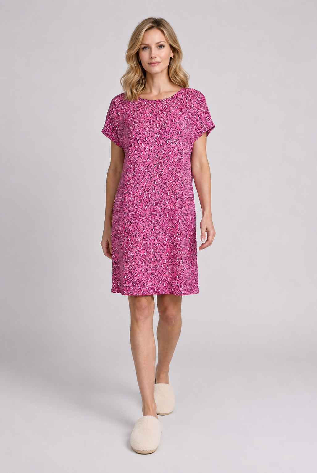 Woman wearing a pink patterned nightdress